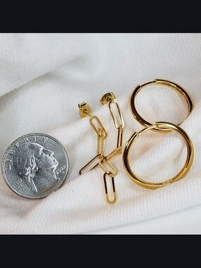 Gold Huggie Hoops Gold Paper clip Chain Earrings Set